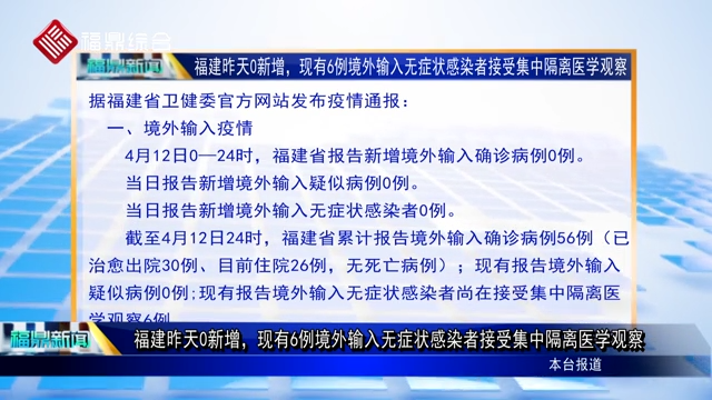 福建昨天0新增，現(xiàn)有6例境外輸入無癥狀感染者接受集中隔離醫(yī)學(xué)觀察