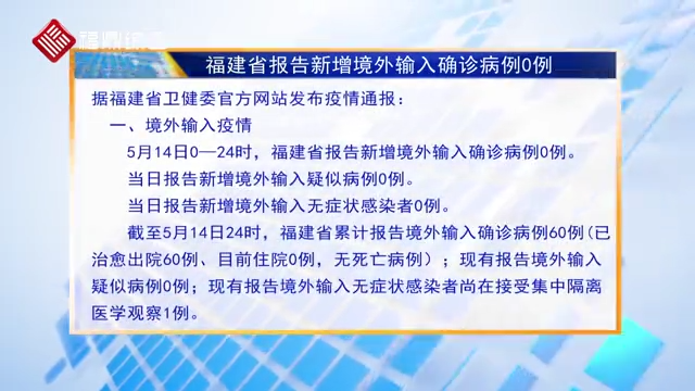 福建省報告新增境外輸入確診病例0例