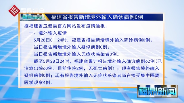 福建省報(bào)告新增境外輸入確診病例0例